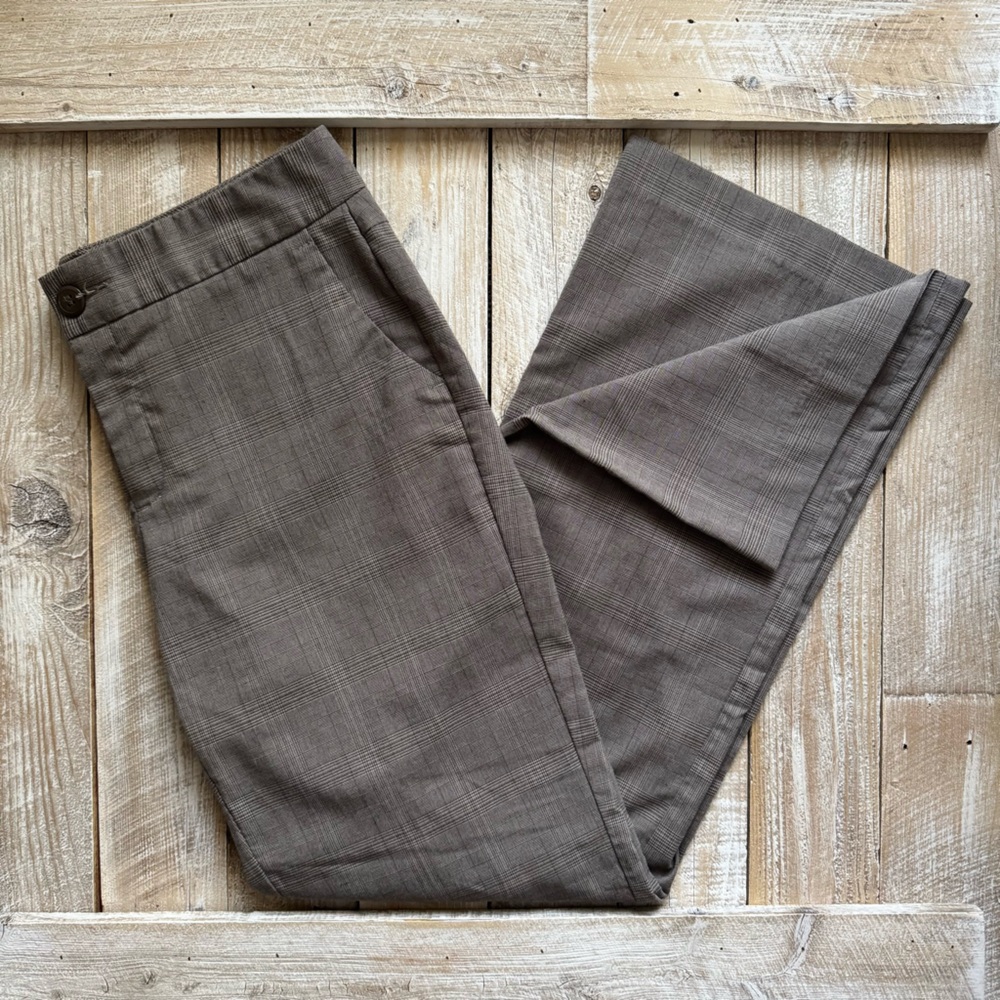 Mid Rise Plaid Curvy Straight Leg Taupe Trousers
